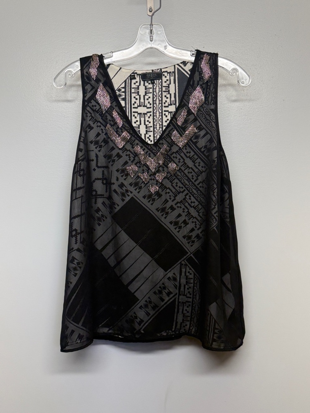 GUESS Black & Ivory Geometric Print Sleeveless Beaded Top